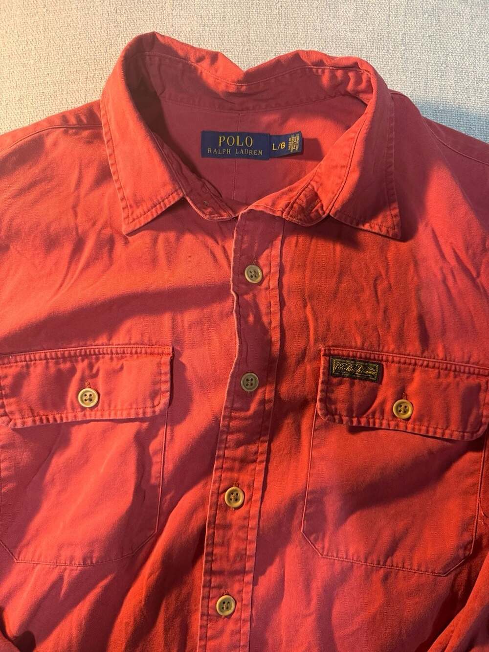 Ralph Lauren Polo Twill Military Shirt Size L Red Chino Long Sleeve - Picture 2 of 9